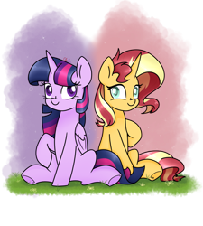 Size: 1080x1200 | Tagged: safe, artist:chautung, imported from derpibooru, sunset shimmer, twilight sparkle, alicorn, unicorn, female, lesbian, looking at each other, shipping, simple background, sitting, sunsetsparkle, transparent background, twilight sparkle (alicorn)