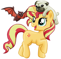 Size: 869x837 | Tagged: safe, artist:majkashinoda626, imported from derpibooru, sunset shimmer, bat, dog, pony, pug, unicorn, cute, female, flying fox, mare, pet, shimmerbetes, simple background, solo, transparent background