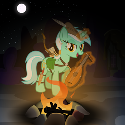 Size: 3600x3600 | Tagged: safe, artist:cheezedoodle96, imported from derpibooru, lyra heartstrings, pony, alternate hairstyle, archer, arrow, bard, bedroom eyes, bow (weapon), bow and arrow, campfire, dungeons and dragons, ear piercing, earring, fantasy class, female, harness, jewelry, looking at you, lute, mare, moon, musical instrument, night, open mouth, piercing, quiver, singing, smiling, solo, tack, vector, weapon