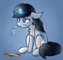 Size: 3800x3599 | Tagged: safe, artist:witchtaunter, imported from derpibooru, oc, oc only, oc:greyline, pony, chest fluff, crying, dropped ice cream, floppy ears, food, glowing horn, ice cream, ice cream cone, levitation, magic, male, sad, sitting, solo, spill, stallion, telekinesis, wavy mouth