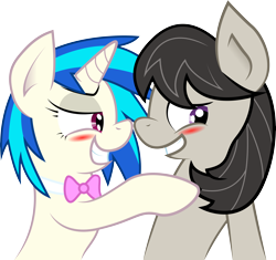 Size: 10432x9792 | Tagged: safe, artist:silentmatten, artist:wolfgrrrl22, imported from derpibooru, dj pon-3, octavia melody, vinyl scratch, earth pony, pony, unicorn, .ai available, .zip file at source, absurd resolution, blushing, bowtie, female, hooves, horn, lesbian, mare, scratchtavia, shipping, simple background, smiling, teeth, transparent background, vector