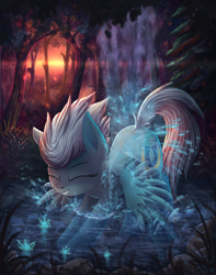 Size: 2696x3427 | Tagged: safe, artist:atlas-66, imported from derpibooru, fleetfoot, pegasus, pony, bathing, cute, diafleetes, digital art, eyes closed, featured image, female, forest, high res, mare, outdoors, scenery, scenery porn, showering, smiling, solo, sunset, tree, water, waterfall, waterfall shower