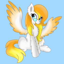 Size: 3000x3000 | Tagged: safe, artist:chelseawest, imported from derpibooru, oc, oc only, oc:melody flare, pegasus, pony, blue background, chest fluff, colored wings, colored wingtips, female, glasses, high res, mare, simple background, solo, spread wings, wings