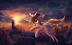 Size: 5000x3167 | Tagged: safe, artist:atlas-66, imported from derpibooru, derpy hooves, pegasus, pony, envelope, female, flying, hat, mailbag, mailmare, mare, open mouth, ponyville, scenery, smiling, solo, town