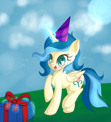 Size: 1532x1681 | Tagged: safe, artist:brok-enwings, imported from derpibooru, oc, oc only, oc:tina fountain heart, alicorn, pony, alicorn oc, excited, female, hat, party hat, present, solo