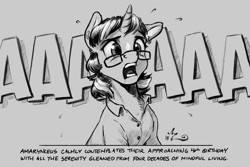 Size: 1200x800 | Tagged: safe, artist:amarynceus, imported from derpibooru, oc, oc only, oc:amarynceus, pony, unicorn, adorable distress, androgynous, clothes, cute, ear piercing, earring, female, glasses, grayscale, jewelry, mare, monochrome, piercing, ponysona, shirt, sketch, solo