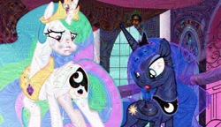 Size: 640x369 | Tagged: safe, edit, imported from derpibooru, screencap, princess celestia, princess luna, a royal problem, cute, deepdream