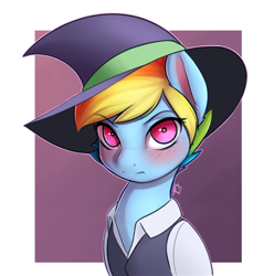 Size: 900x909 | Tagged: dead source, safe, artist:captainpudgemuffin, imported from derpibooru, rainbow dash, pony, amanda o'neill, blushing, bust, crossover, cute, dashabetes, female, hat, little witch academia, looking at you, mare, solo, witch hat