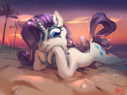 Size: 4000x3000 | Tagged: safe, artist:alumx, imported from derpibooru, rarity, pony, unicorn, beach, cloud, evening, female, looking at you, lying down, mare, palm tree, prone, sand, sky, smiling, solo, stars, supporting head, tree, water