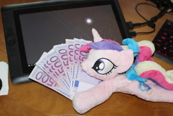 Size: 5184x3456 | Tagged: safe, derpibooru exclusive, imported from derpibooru, princess cadance, absurd resolution, bank note, drawing tablet, euro, gold digger, irl, money, photo, plushie, teen princess cadance, wacom