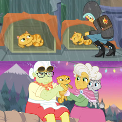 Size: 1920x1920 | Tagged: safe, imported from derpibooru, derp cat, goldie delicious, granny smith, sunset shimmer, cat, eqg summertime shorts, equestria girls, equestria girls series, monday blues, road trippin, backpack, boots, box, clothes, female, high heel boots, lemon squeezy, rain, shawl, shoes, sunglasses