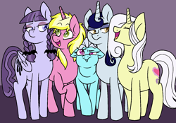 Size: 1378x957 | Tagged: safe, artist:/d/non, imported from derpibooru, inky rose, lily lace, moonlight raven, screw loose, sunshine smiles, earth pony, pegasus, pony, unicorn, female, group, mare, puffy cheeks, simple background