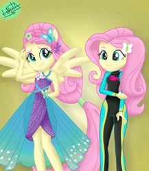 Size: 1300x1500 | Tagged: safe, artist:liniitadash23, imported from derpibooru, fluttershy, equestria girls, equestria girls series, forgotten friendship, clothes, cute, dress, duality, female, flower, flower in hair, fluttershy's wetsuit, gradient background, ponied up, show accurate, shyabetes, solo, wetsuit