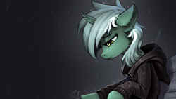 Size: 1920x1080 | Tagged: safe, artist:ramiras, edit, imported from derpibooru, lyra heartstrings, pony, unicorn, fanfic:background pony, bench, clothes, curved horn, depressed, dig the swell hoodie, emo, emo lyra, female, hoodie, horn, mare, rain, sad, solo, wallpaper, wallpaper edit