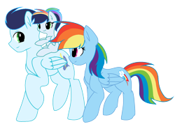 Size: 1508x1132 | Tagged: dead source, safe, artist:rainbows-skies, artist:thesmall-artist, imported from derpibooru, rainbow dash, soarin', oc, oc:speed dash, pony, backwards cutie mark, female, filly, male, offspring, parent:rainbow dash, parent:soarin', parents:soarindash, ponies riding ponies, riding, shipping, simple background, soarindash, speed dash riding soarin, straight, transparent background
