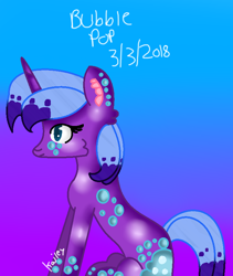 Size: 690x818 | Tagged: safe, artist:mlpfan2017, imported from derpibooru, oc, oc only, oc:bubble pop, pony, bubble, gradient background, sitting, solo