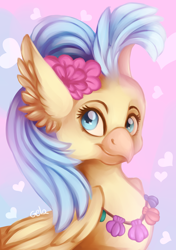 Size: 3496x4961 | Tagged: safe, artist:gela98, imported from derpibooru, princess skystar, classical hippogriff, hippogriff, my little pony: the movie, bust, ear fluff, female, flower, flower in hair, head, heart, heart background, painted, pink background, seashell necklace, simple background, solo