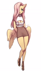 Size: 1532x2600 | Tagged: safe, artist:rd_3024, imported from derpibooru, fluttershy, anthro, pegasus, plantigrade anthro, beautiful, boob window, butt wings, clothes, female, legs, looking at you, mare, miniskirt, moe, sandals, shirt, simple background, skirt, solo, thighs, white background