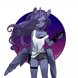 Size: 2200x2200 | Tagged: safe, artist:rd_3024, imported from derpibooru, princess luna, alicorn, anthro, butt wings, choker, clothes, collar, female, fingerless gloves, gloves, mare, shorts, solo, spiked choker, tanktop