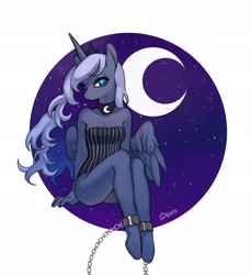 Size: 1877x2048 | Tagged: safe, artist:rd_3024, imported from derpibooru, princess luna, alicorn, anthro, unguligrade anthro, chains, clothes, crown, dress, female, jewelry, looking at you, mare, moon, regalia, solo