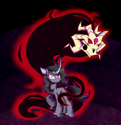 Size: 3500x3631 | Tagged: safe, artist:angelzillah, imported from derpibooru, fhtng th§ ¿nsp§kbl, oleander, classical unicorn, demon, unicorn, them's fightin' herds, cloven hooves, community related, dark background, fred, high res, leonine tail, looking at you, oleander (tfh), raised hoof, unicornomicon, unshorn fetlocks