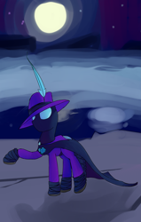 Size: 3809x6000 | Tagged: safe, artist:cammy, imported from derpibooru, mare do well, oc, oc only, pony, the mysterious mare do well, alternate universe, clothes, color, cyoa:cirquesque, feather, hat, lifted leg, mare do well costume, mist, moonlight, solo