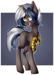 Size: 1646x2278 | Tagged: safe, artist:liamsartworld, imported from derpibooru, oc, oc only, pony, unicorn, amputee, broken horn, gradient background, one hoof raised, prosthetic limb, prosthetics, raised hoof, solo, steampunk, transparent background