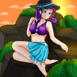 Size: 1600x1600 | Tagged: safe, artist:focusb, imported from derpibooru, rarity, human, equestria girls, equestria girls series, forgotten friendship, adorasexy, barefoot, beautiful, belly button, clothes, cute, feet, female, hat, humanized, legs, looking at you, midriff, sarong, sexy, skirt, solo, stupid sexy rarity, sun hat, swimsuit