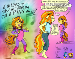 Size: 1200x935 | Tagged: safe, artist:kaemantis, imported from derpibooru, adagio dazzle, oc, oc:allegrezza allure, oc:toccata daze, anthro, earth pony, pony, unguligrade anthro, anthro oc, anthro with ponies, bed, beyonce, dancing, disguise, disguised siren, fangs, female, filly, foal, leg warmers, mare, mother and daughter, mp3 player, music, next generation, offspring, parent:adagio dazzle, parent:unnamed oc, parents:canon x oc, single ladies, song reference, speech bubble, squint, twerking, unitard