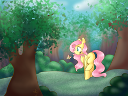 Size: 1024x768 | Tagged: safe, artist:naty7913, imported from derpibooru, fluttershy, butterfly, pony, chest fluff, female, happy, solo, tree