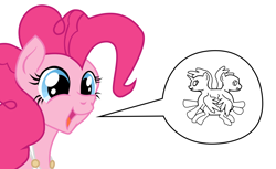 Size: 2598x1592 | Tagged: safe, artist:aaronmk, imported from derpibooru, pinkie pie, earth pony, pony, aristophanes, female, mare, pictogram, simple background, solo, speech bubble, white background