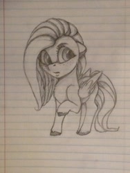 Size: 480x640 | Tagged: dead source, safe, artist:miokomata, imported from derpibooru, fluttershy, pony, female, lined paper, pencil drawing, raised hoof, sketch, solo, traditional art, unshorn fetlocks