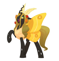 Size: 875x900 | Tagged: safe, artist:carnifex, imported from derpibooru, oc, oc only, oc:deciduous, changeling, changeling queen, moth, mothling, original species, antennae, autumn leaves, butterfly wings, changeling queen oc, female, leaves, one eye closed, raised hoof, simple background, smiling, solo, species swap, white background, wink, yellow changeling