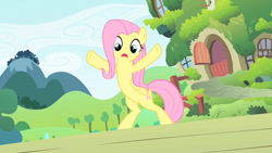 Size: 1280x720 | Tagged: safe, imported from derpibooru, screencap, fluttershy, pegasus, pony, the cutie mark chronicles, bipedal, female, fluttershy's cottage, hooves in air, standing