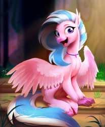 Size: 2218x2682 | Tagged: safe, artist:imalou, imported from derpibooru, silverstream, classical hippogriff, hippogriff, school daze, season 8, spoiler:s08, chest fluff, cute, detailed, diastreamies, female, fluffy, happy, jewelry, looking at you, necklace, open mouth, sitting, smiling, solo, spread wings, unshorn fetlocks, wings