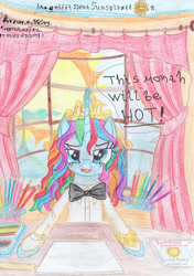 Size: 2448x3481 | Tagged: safe, artist:magnifsunspiration, imported from derpibooru, oc, oc only, oc:feeria lovestory, pony, bowtie, clothes, curtain, curtains, female, high res, magic, mare, pencil, shirt, solo, sun, traditional art