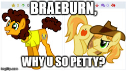 Size: 417x233 | Tagged: safe, artist:osipush, imported from derpibooru, braeburn, cheese sandwich, derpibooru, everypony's gay for braeburn, image macro, imgflip, juxtaposition, meme, meta, this will end in pain