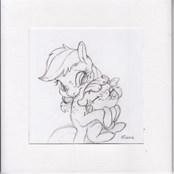 Size: 1713x1706 | Tagged: safe, artist:dilarus, deleted from derpibooru, imported from derpibooru, apple bloom, applejack, earth pony, pony, adorabloom, baby, baby apple bloom, baby pony, bubble, cute, eyes closed, female, filly, foal, freckles, grayscale, holding a pony, hug, jackabetes, mare, monochrome, pencil drawing, signature, simple background, sisters, sleeping, traditional art, white background
