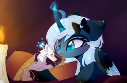 Size: 2677x1744 | Tagged: safe, artist:magnaluna, imported from derpibooru, princess luna, oc, oc:zefiroth, alicorn, dragon, eastern dragon, pony, blushing, bow, candle, cheek fluff, chopsticks, colored wings, colored wingtips, curved horn, cute, ear fluff, eating, eyeshadow, featured image, female, floppy ears, fluffy, food, hair bow, heart, heart eyes, leg fluff, levitation, lunabetes, magic, magnaluna is trying to murder us, makeup, mare, noodles, raised eyebrow, runes, sharing food, sparkles, stars, telekinesis, wide eyes, wingding eyes