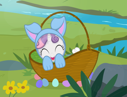 Size: 3507x2697 | Tagged: safe, artist:shutterflyeqd, imported from derpibooru, sweetie belle, pony, unicorn, ^^, animal costume, basket, bunny costume, clothes, costume, cute, diasweetes, easter, easter egg, eyes closed, female, holiday, solo