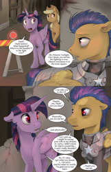 Size: 2640x4080 | Tagged: safe, artist:silfoe, imported from derpibooru, applejack, flash sentry, twilight sparkle, alicorn, earth pony, pegasus, pony, royal sketchbook, armor, comic, dialogue, female, male, mare, speech bubble, stallion, twilight sparkle (alicorn)