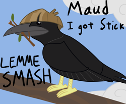 Size: 2000x1648 | Tagged: safe, artist:nitei, imported from derpibooru, mudbriar, bird, crow, the maud couple, bitches love sticks, implied maud pie, implied maudbriar, implied straight, lemme smash, male, meme, solo, species swap, stick