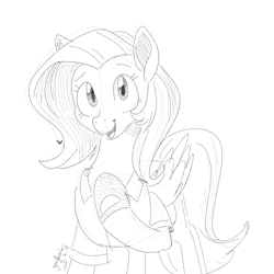 Size: 700x700 | Tagged: safe, artist:goat train, imported from derpibooru, fluttershy, pegasus, pony, clothes, cute, female, lineart, looking at you, mare, monochrome, shirt, shoes, shyabetes, simple background, sketch, smiling, solo, white background
