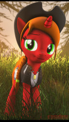 Size: 1080x1920 | Tagged: safe, artist:alcohors, imported from derpibooru, oc, oc only, oc:essy ferguson, pony, unicorn, 3d, clothes, cowboy hat, digital art, female, hat, mare, scenery, signature, smiling, solo, source filmmaker, stetson