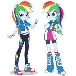 Size: 1475x1475 | Tagged: safe, artist:mewtwo-ex, imported from derpibooru, rainbow dash, equestria girls, equestria girls series, boots, clothes, comparison, compression shorts, converse, cute, dashabetes, equestria girls prototype, female, geode of super speed, hand on hip, leggings, magical geodes, pants, shoes, shorts, simple background, skirt, smiling, sneakers, socks, transparent background, vector, wristband