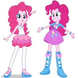 Size: 1475x1475 | Tagged: safe, artist:mewtwo-ex, imported from derpibooru, pinkie pie, equestria girls, equestria girls series, boots, clothes, comparison, cute, equestria girls prototype, female, geode of sugar bombs, leggings, long hair, pantyhose, rah rah skirt, sandals, shoes, simple background, skirt, transparent background, vector, wristband