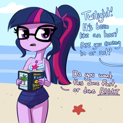 Size: 1650x1650 | Tagged: safe, artist:tjpones, imported from derpibooru, sci-twi, twilight sparkle, equestria girls, equestria girls series, forgotten friendship, beach, book, clothes, dialogue, female, geode of telekinesis, glasses, nerd, offscreen character, one-piece swimsuit, ponytail, sci-twi swimsuit, solo, swimsuit, water