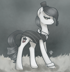 Size: 803x816 | Tagged: safe, artist:soulspade, imported from derpibooru, oc, oc only, oc:guillotine, earth pony, pony, clothes, female, hat, mare, monochrome, neo noir, partial color, solo, top hat