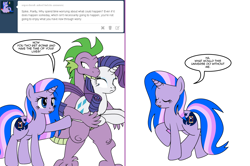 Size: 1204x800 | Tagged: safe, artist:dekomaru, imported from derpibooru, rarity, spike, oc, oc:midnight, pony, tumblr:ask twixie, ask, comic, female, magical lesbian spawn, male, offspring, parent:trixie, parent:twilight sparkle, parents:twixie, shipping, sparity, straight, tumblr