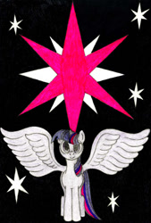 Size: 740x1092 | Tagged: safe, artist:mfg637, imported from derpibooru, twilight sparkle, alicorn, pony, cutie mark, female, solo, spread wings, stars, traditional art, twilight sparkle (alicorn), wings